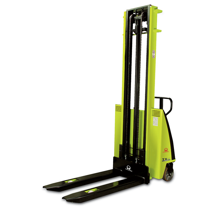 An example of a large, yellow manual forklift stacker. 